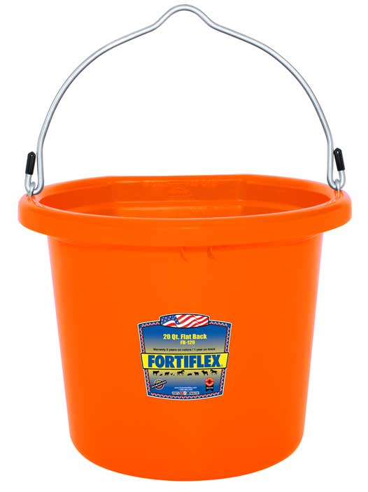 FB-120-Flat-Back-Bucket-20Qt - TANGERINE-ORANGE - Front-View - with product label